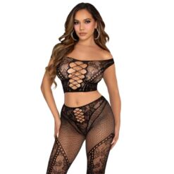 Comprar LEG AVENUE - CROP TOP Y LEGGING DE REJILLA CON HOMBROS DESCUBIERTOS NEGRO al mejor precio - Envíos Discretos
