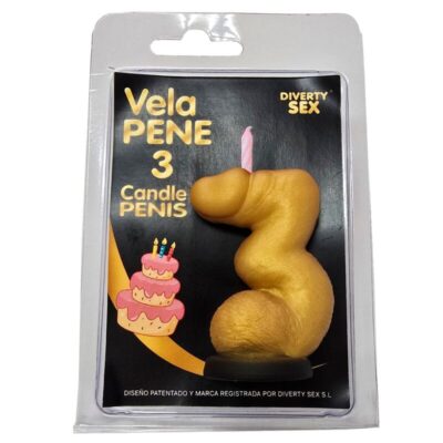 DIABLO PICANTE – VELA PENE EN FORMA DE NÚMERO 3 COLOR DORADO